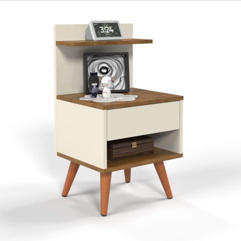 Mesa de Cabeceira para Quarto Pés Palito Retrô 1 Gaveta Sleep - Off White com Nature