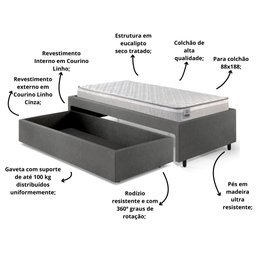 Base Box Cama Solteiro Sapateira Corino Colchão Hanover - 6