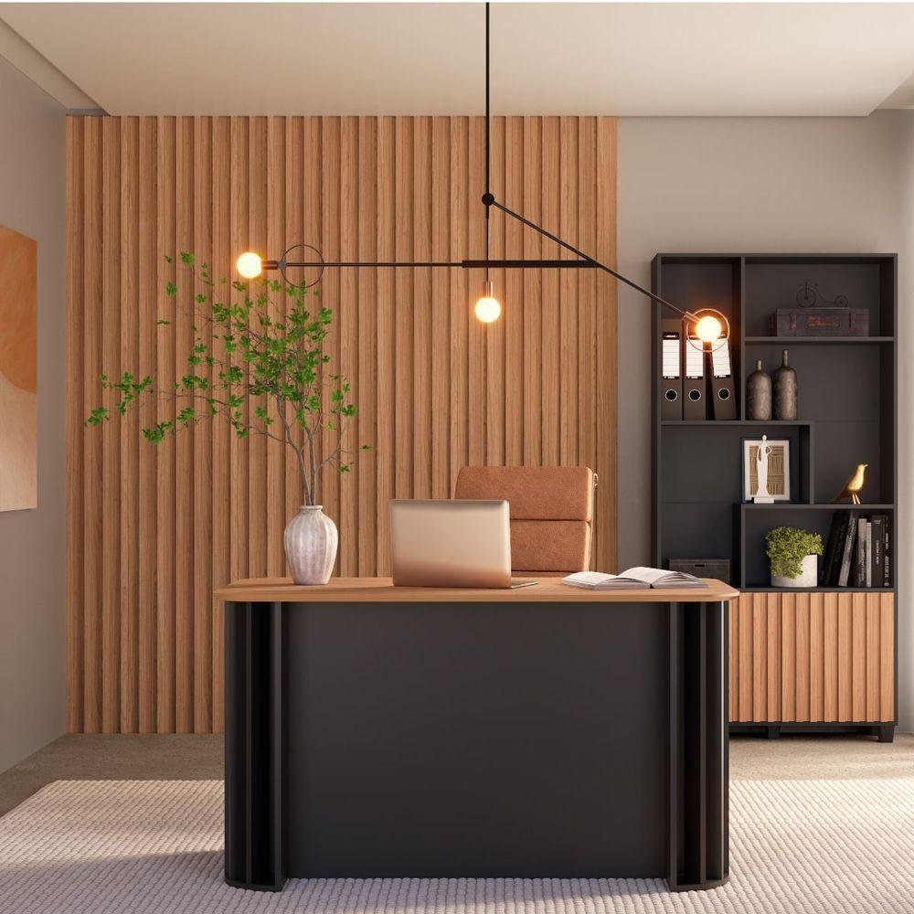 Mesa De Escritório Ripada Mdf 135X68cm Freijó C/Preto Fosco
