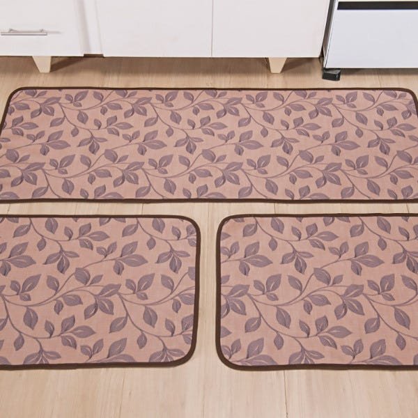 Tapetes para Cozinha Atoalhado Estampa Floral com Base Antiderrapante 3 Peças Cor: Bege - 2