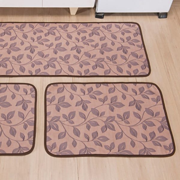 Tapetes para Cozinha Atoalhado Estampa Floral com Base Antiderrapante 3 Peças Cor: Bege - 3