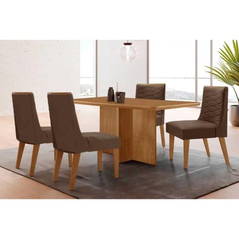 Conjunto: Mesa Sala Jantar Berlim Tampo Curvo 120cm+4 Cadeiras Maldivas Madeira Naturale - Capuccino