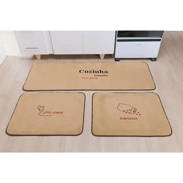 Tapete para Cozinha 3 Peças Antiderrapante Pelúcia Bordada Cor: Bege - 1
