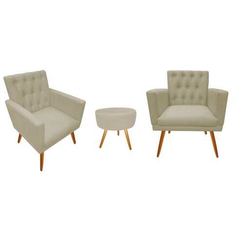 Kit 2 Poltronas Decorativa Nina Capitonê + Puff Redondo Suede Bege Pés Madeira Ms Decor