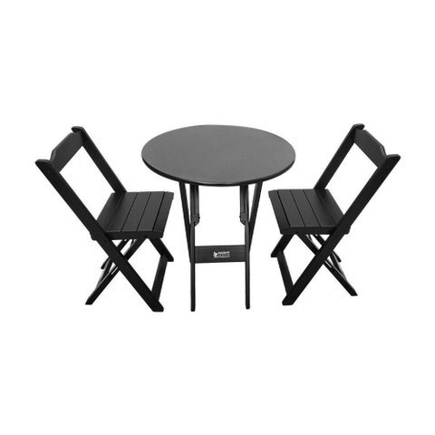 Mesa Dobrável de Madeira Redonda 70cm com 2 Cadeiras Preta - Tarimatã