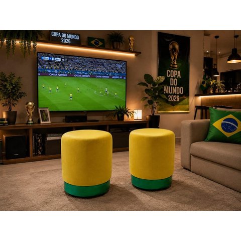 Kit Puff Rodapé ,Hexa Copa do Mundo Brasil Amarelo e Verde Tecido Veludo- Let Móveis