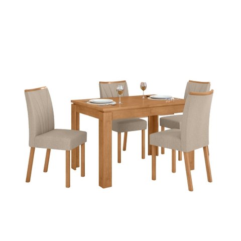 Conjunto Sala de Jantar Mesa Athenas 120 Tampo no Glass com 4 Cadeiras Téssera - Lopas Amendoa Clean