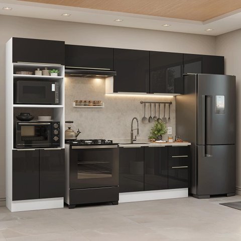 Armário de Cozinha Completa 350 cm Branco/Preto Lux Madesa 01