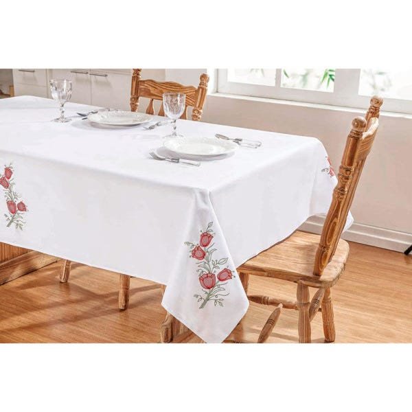 Toalha de Mesa Bordada para 8 Lugares 2,50M x 1,40M Tecido com Bainha Primavera - Branco/Vermelho - 1