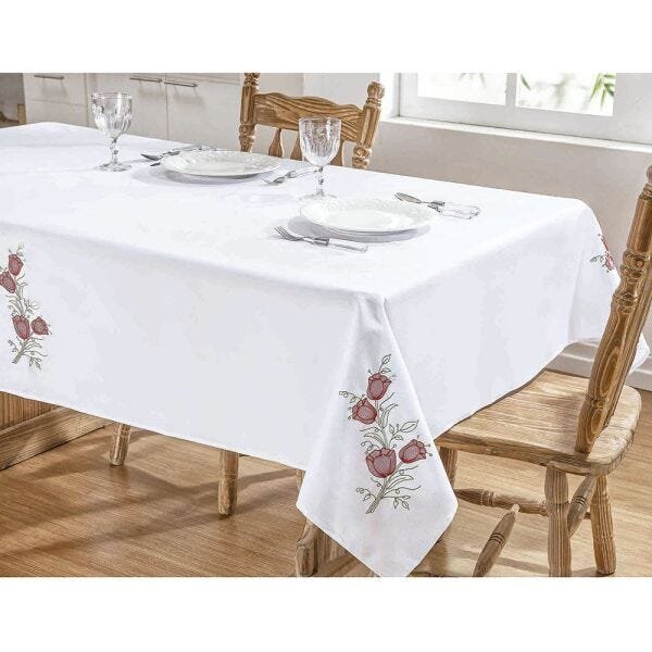 Toalha de Mesa Bordada para 8 Lugares 2,50M x 1,40M Tecido com Bainha Primavera - Branco/Vermelho - 2