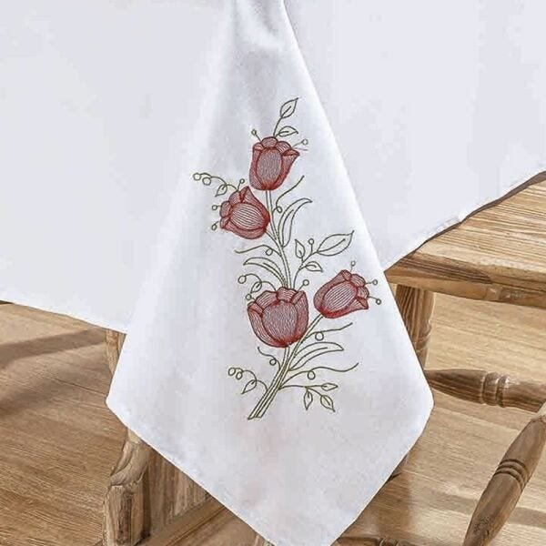 Toalha de Mesa Bordada para 8 Lugares 2,50M x 1,40M Tecido com Bainha Primavera - Branco/Vermelho - 3