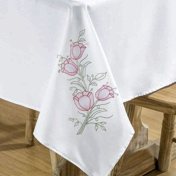 Toalha de Mesa para 8 Cadeiras 2,50M x 1,40M com Detalhes Bordados Primavera - Branco/Pink - 3