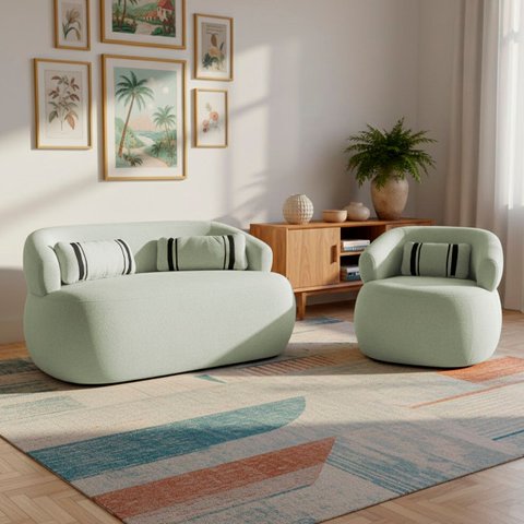 Namoradeira e Poltronas Orgânica Chloe Boucle Verde com Almofada Plumante - Arkell