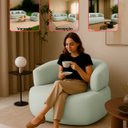 Ver imagem 2 de Namoradeira e Poltronas Orgânica Chloe Boucle Verde com Almofada Plumante - Arkell