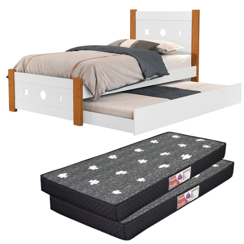 Cama Solteiro Bicama Auxiliar 2 Colchões Resistente Sol Cor:branco/nature