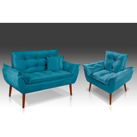 Kit 01 Poltrona + 01 Namoradeira Opala + 02 Almofadas Suede Azul Claro-rv Decora