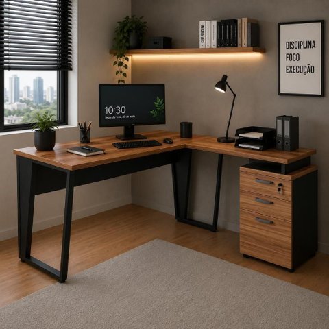 Mesa para Escritório em L Mesa Escritório com Gaveteiro Moderno 3 Gavetas MDF-MDP 150cm Nogal