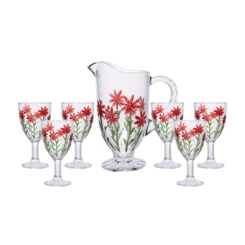 Conjunto de Jarra com 6 Taças de Cristal Red Flower 1,3L / 320ml Wolff