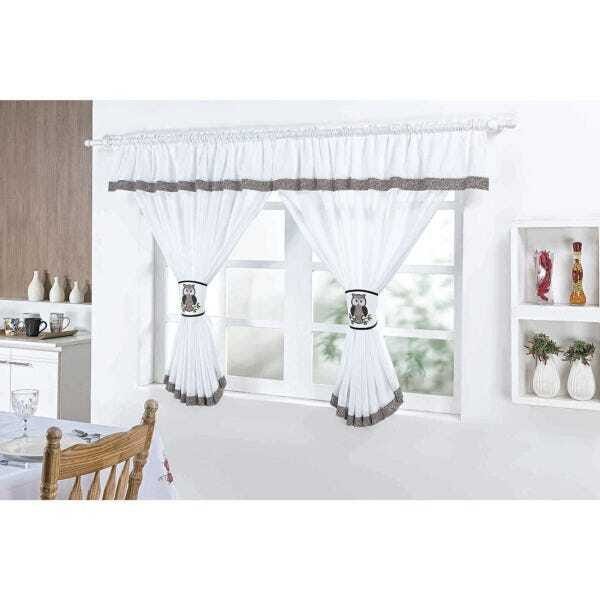 Cortina para Cozinha 2,00m x 1,30m com Abraçadeira Coruja Cor:Branco - 1