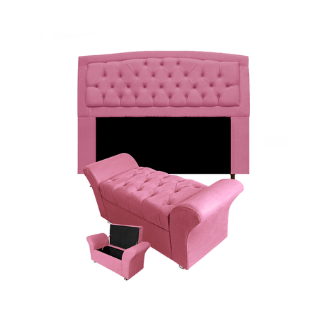 Cabeceira Geovana e Calçadeira Veneza Baú King 195cm Suede Rosa Barbie - LM DECOR