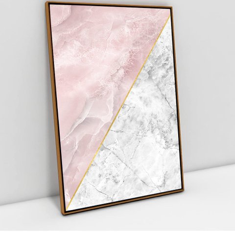 Quadro Decorativo em Canvas Geométrico Mármore Rosa TaColado Moldura Flutuante 4,5cm Freijó 90 x 60c