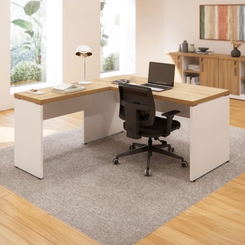 Mesa de Escritório 40mm em L Pés Painel F5 Office Cor:Macadâmia com Branco