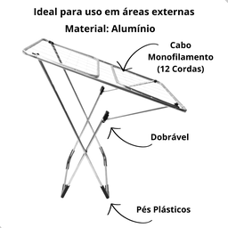 Varal de Chão Alumínio com Abas 1,43cm Retrátil Dobrável Facil Montagem Leve Não Enferruja - 3