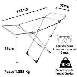 Varal de Chão Alumínio com Abas 1,43cm Retrátil Dobrável Facil Montagem Leve Não Enferruja - 2