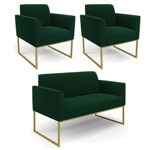 Namoradeira e 2 Poltronas Industrial Dourado Marisa Bouclê Verde D03 - D’Rossi