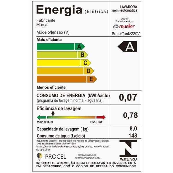 Tanquinho Mueller Supertank 8kg com Aquatec - 220v - Lavagem Eficiente com Tecnologia Avançada - 13