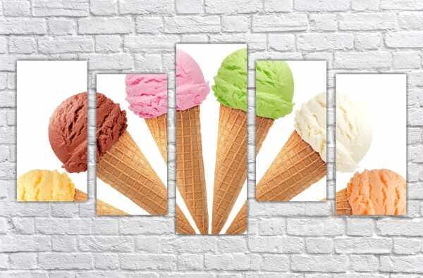 Quadro Decorativo Sorvete Sorveteria Gourmet Interiores Mosaico 5 Peças Com Moldura - 1