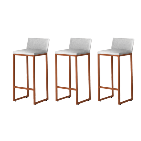 Kit 3 Banquetas Alta Dani Reforçada Decorativa Balcão Bancada Cozinha Bar Base Bronze Courino Branco