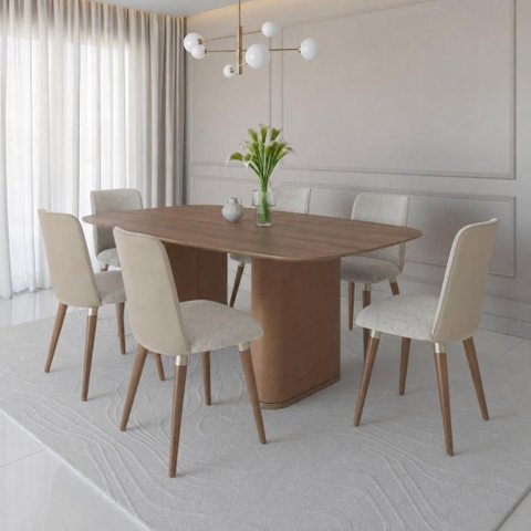 Conjunto de Jantar Lintz Canela 6 Cadeiras Giratórias Dakota - Bouclé 03 Bege c/ PU Off White