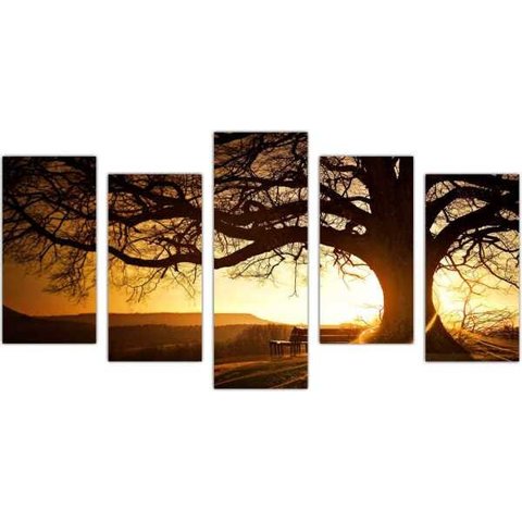 Quadro Decorativo Natureza Paisagem Árvores Salas Interiores Mosaico 5 Peças Com Moldura