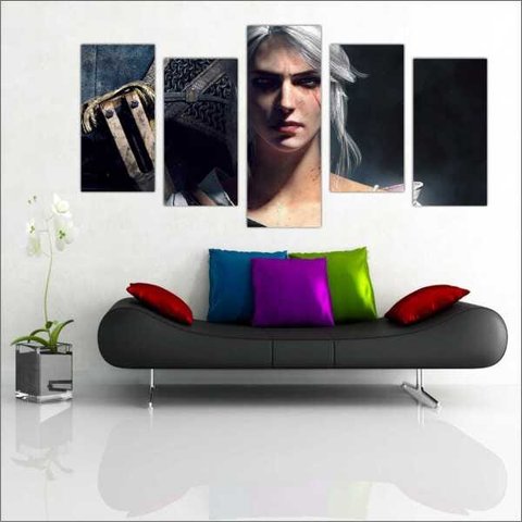 Quadro Decorativo The Witcher Games Jogos Quartos Salas Interiores Mosaico 5 Peças Com Moldura