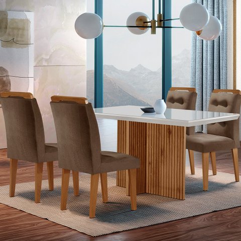Sala de Jantar Mesa Olímpia 120cm Mdf Vidro Canto Reto com 4 Cadeiras Carol Moderna