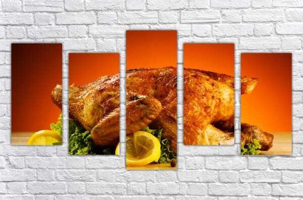 Quadro Decorativo Churrasco Carne Assada Restaurantes Gourmet Interiores Mosaico 5 Peças Com Moldura - 1