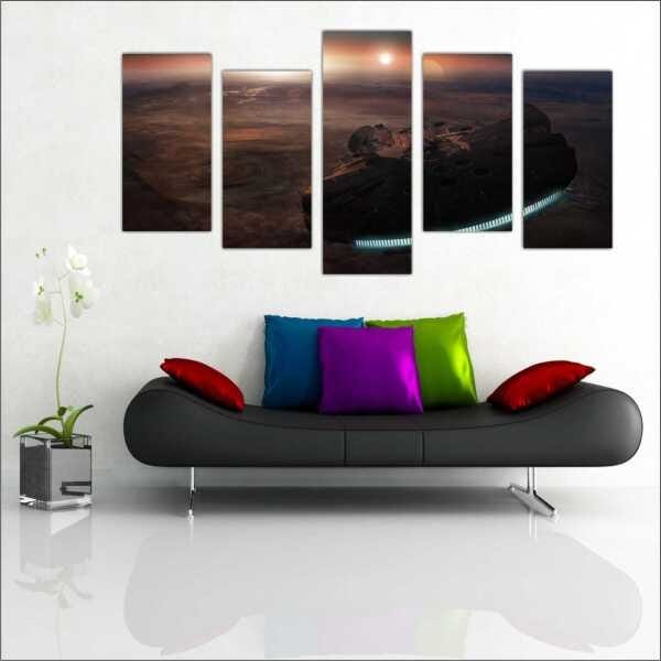 Quadro Decorativo Star Wars Nave Filmes Cinema Salas Interiores Mosaico 5 Peças Com Moldura - 1