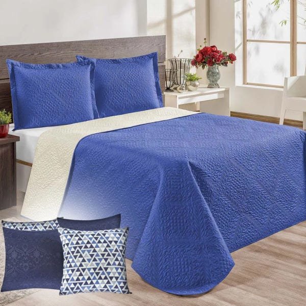 Kit Parma Cobre Leito Casal Padrão Dupla Face + Capas de Almofadas 7 Peças - Azul - 1