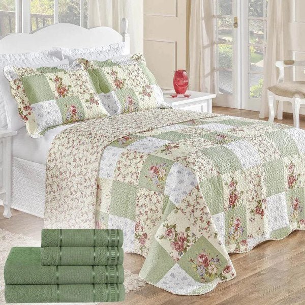 Kit Combo Combinato Colcha King Dupla Face Patchwork + Toalhas de Banho 7 Peças - Verde - 1