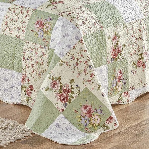 Kit Combo Combinato Colcha King Dupla Face Patchwork + Toalhas de Banho 7 Peças - Verde - 5