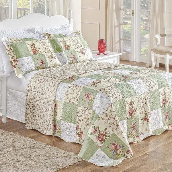 Kit Combo Combinato Colcha King Dupla Face Patchwork + Toalhas de Banho 7 Peças - Verde - 3