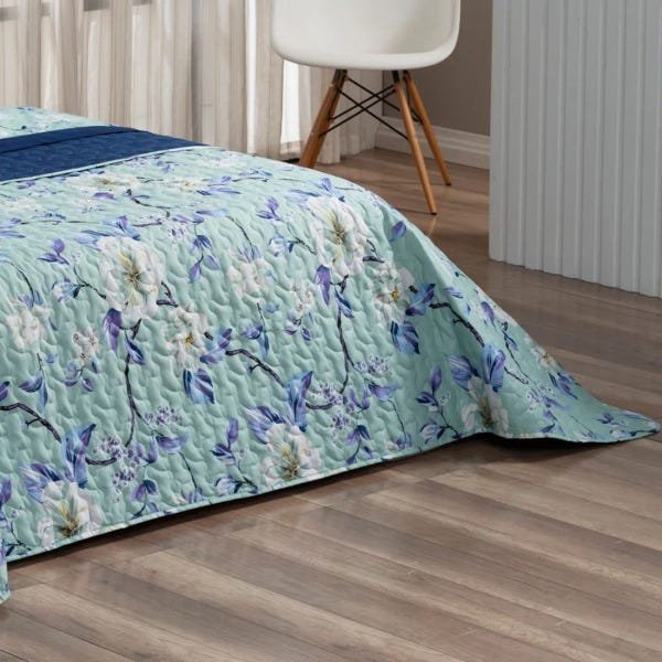 Cobre Leito Forest Floral Verde/Marinho Queen Dupla Face Micropercal 200 fios 03 peças - 3