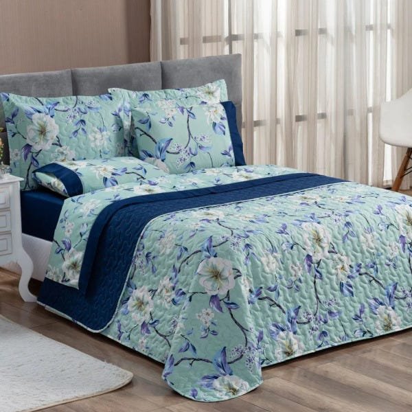 Cobre Leito Forest Floral Verde/Marinho Queen Dupla Face Micropercal 200 fios 03 peças - 1
