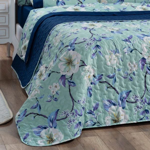 Cobre Leito Forest Floral Verde/Marinho Queen Dupla Face Micropercal 200 fios 03 peças - 4