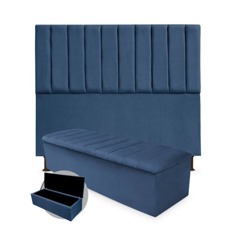 Kit Cabeceira + Calçadeira Baú Cancun Queen Size 160cm Suede - Ecotec Decor:Azul Marinho