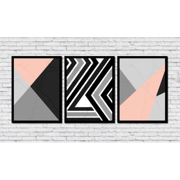 Conjunto de 3 Quadros Geométrico Minimalista Preto e Rosa 45x60cm - 2