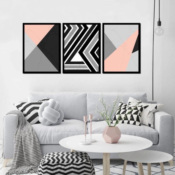 Conjunto de 3 Quadros Geométrico Minimalista Preto e Rosa 45x60cm - 1