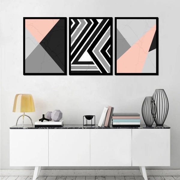 Conjunto de 3 Quadros Geométrico Minimalista Preto e Rosa 45x60cm - 3