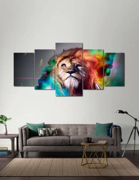 Quadro Decorativo Leão Colorido 5 peças 160X80 - 2